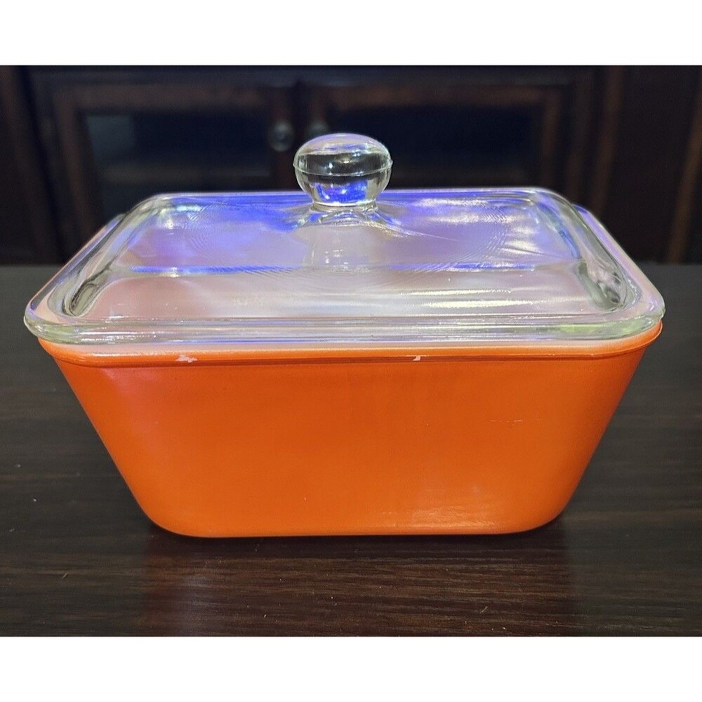 Vtg Reverse Glasbake Orange Milk Glass Refrigerator Dish w Glass Lid USA Rare